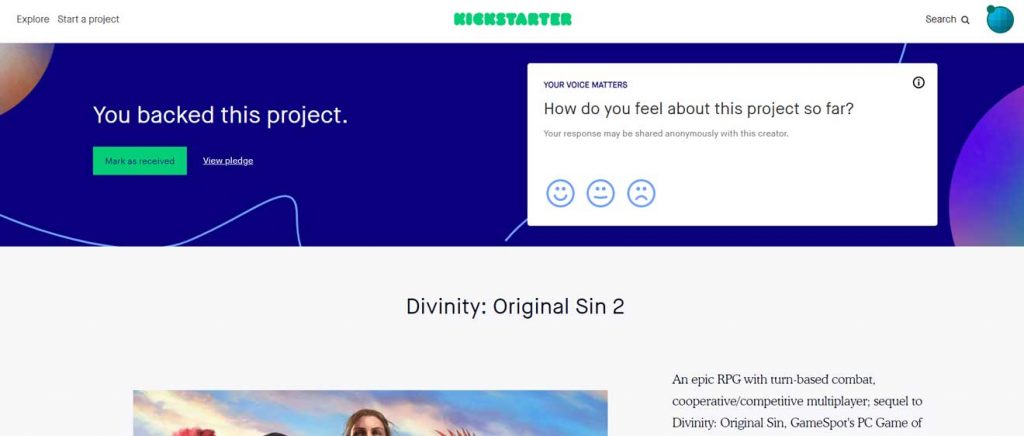 The backer page for Divinity: Original Sin 2 at Kickstarter